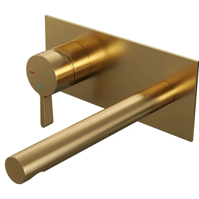 Brauer Inbouw Wastafelmengkraan Brauer Gold Edition Coldstart Rechte Uitloop Halfronde Hendel Links Geborsteld Goud PVD Met Afdekplaat