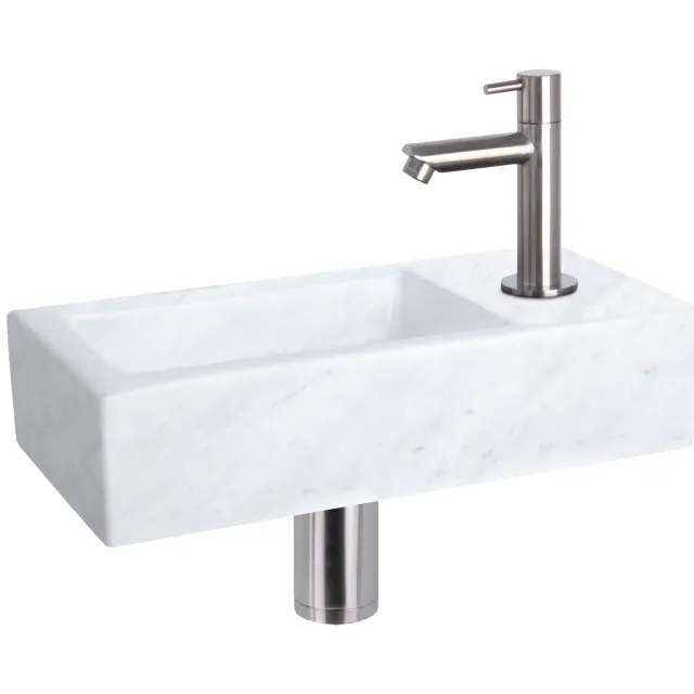 Fonteinset Differnz Helios 37.5x18.5x9.5 cm Marmer Wit Met Rechte Kraan Mat Chroom