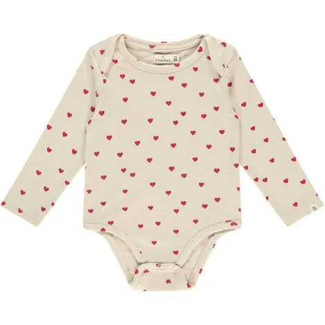 A Tiny Story romper met hartjesprint ecru/rood Meisjes Stretchkatoen Ronde hals