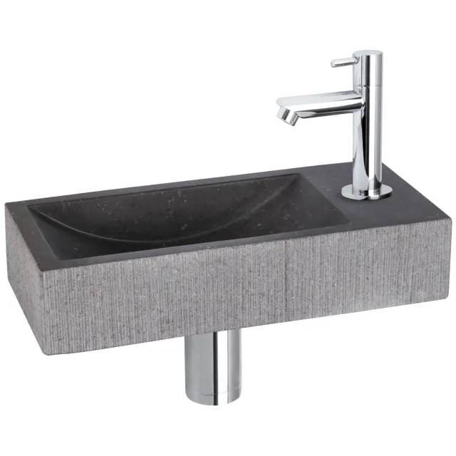 Differnz Fonteinset Differnz Ribble Natuursteen 38x18x8 cm Zwart Met Rechte Kraan Chroom
