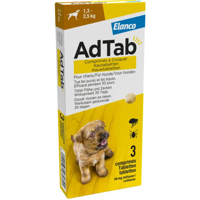 AdTab Anti Vlo en Teek Kauwtabletten Hond 1,3-2,5 kg 3 tabletten