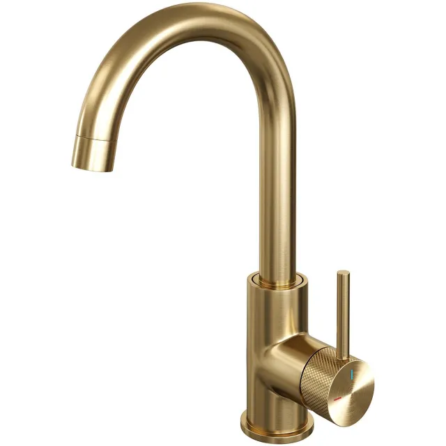 Brauer Wastafelmengkraan Brauer Gold Carving Coldstart Opbouw Hoog Gebogen Ronde Hendel Geborsteld Goud PVD PVD
