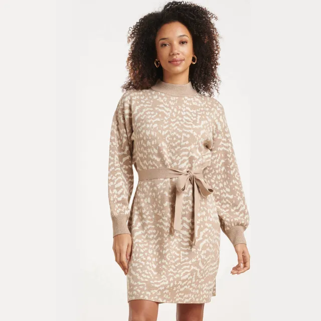 Smashed Lemon gebreide jurk met col en print - beige Taupe