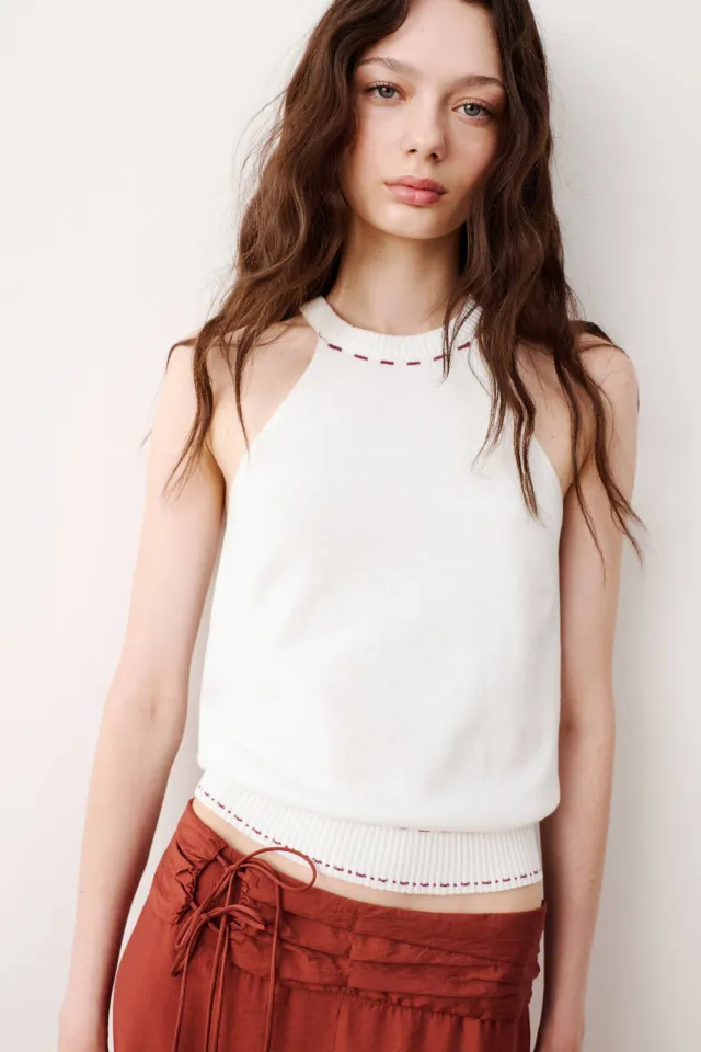 Mango Teen gebreide haltertop ecru Ecru/rood