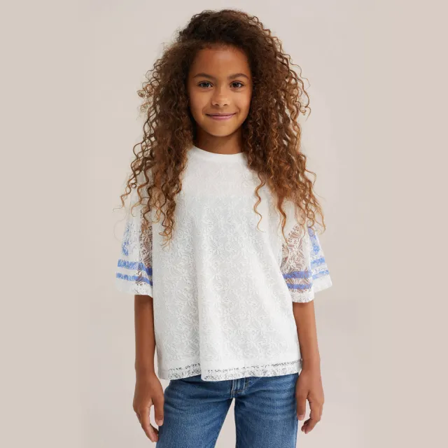 WE Fashion oversized gestreepte semi-transparante T-shirt met tekst wit