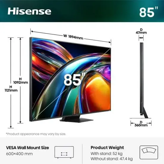 Hisense 85UR9S televisie 85 inch grijs, foto 3