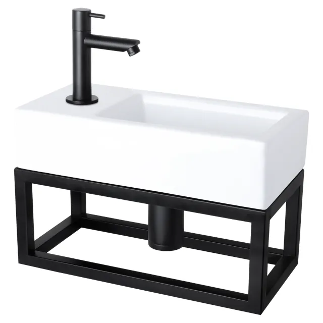 Differnz Fonteinset Differnz Helios Met Handoekrek 37.5x18.5x9.5 cm Marmer Wit Met Rechte Kraan Links Mat Zwart