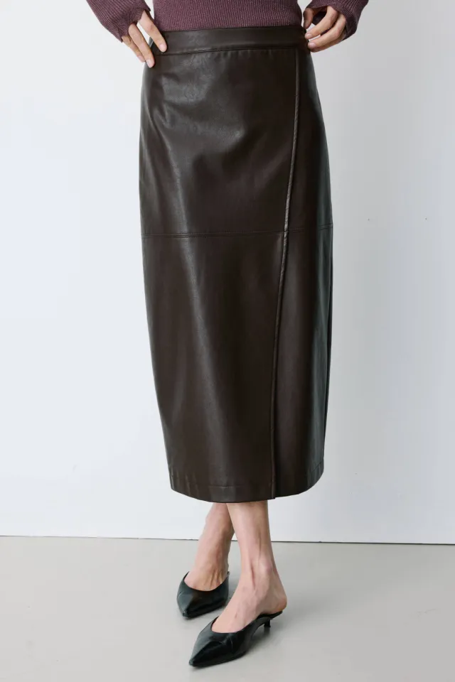 Grace & Mila imitatieleren midirok bruin, foto 4