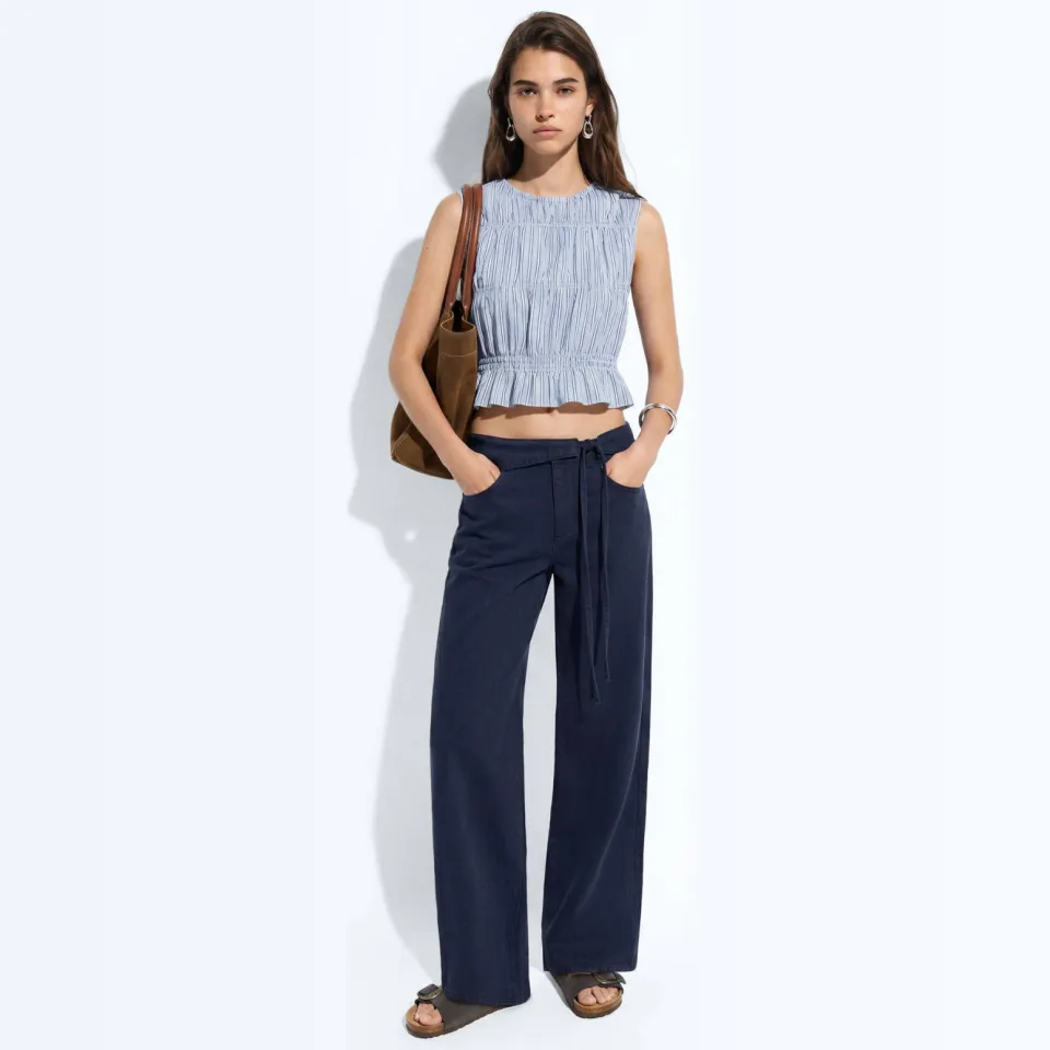 Mango gestreepte top met peplum lichtblauw
