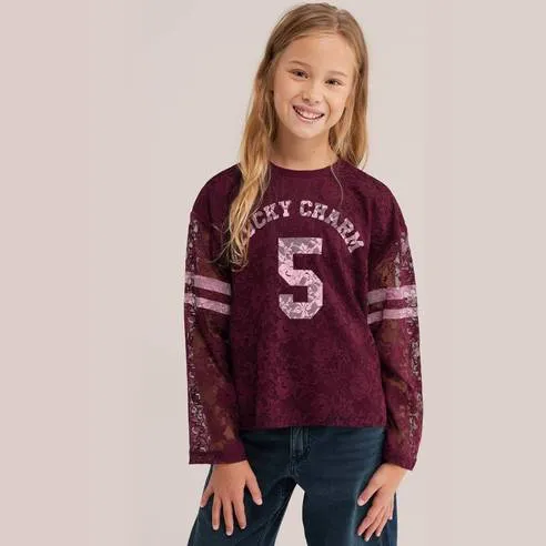 WE Fashion kanten longsleeve met tekst donkerrood donkerrood/roze, foto 2
