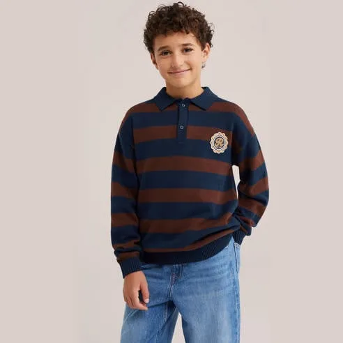 WE Fashion katoenen gebreide gestreepte trui met patches - donkerblauw/bruin, foto 2