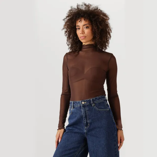 Object Objnela LS O-neck mesh top bruin, foto 3