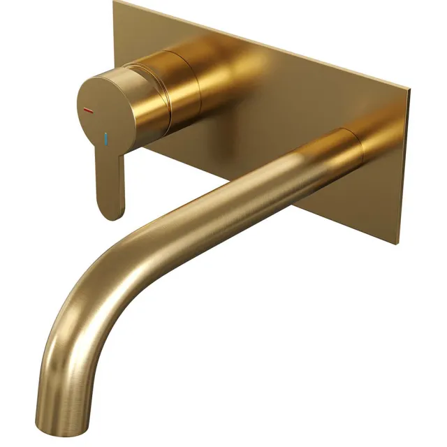 Brauer Inbouw Wastafelmengkraan Brauer Gold Edition Coldstart Korte Platte Hendel Gebogen Uitloop Geborsteld Goud PVD Met Afdekplaat