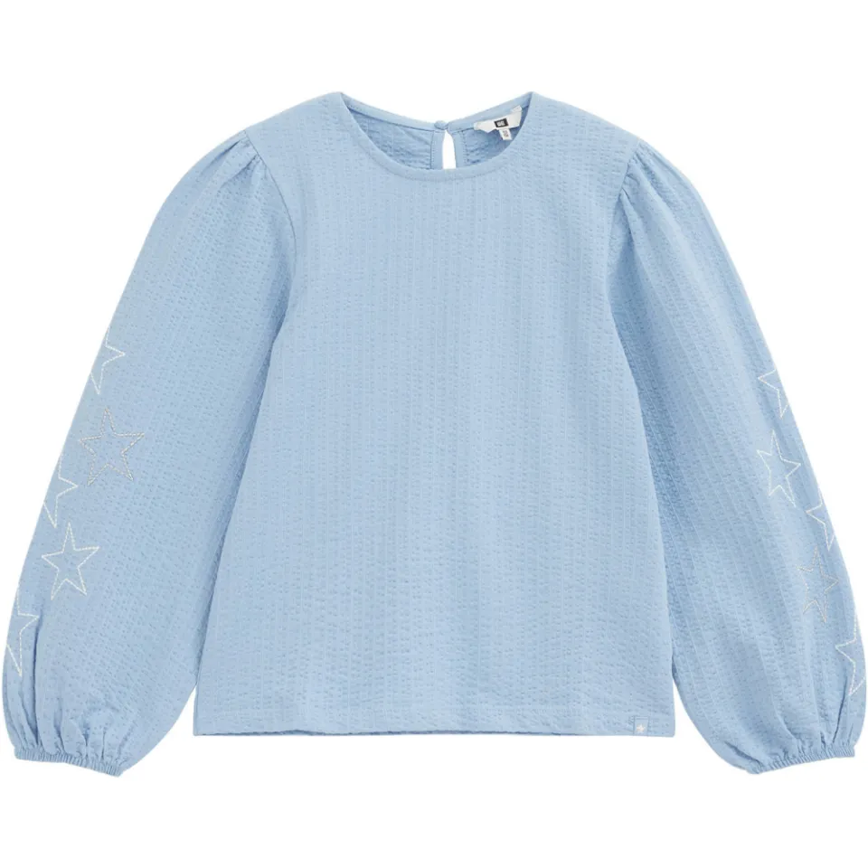 WE Fashion blousetop lichtblauw met borduursels en sterren, foto 2