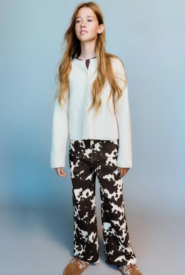Mango Kids wide leg jeans met koeienprint Bruin/wit