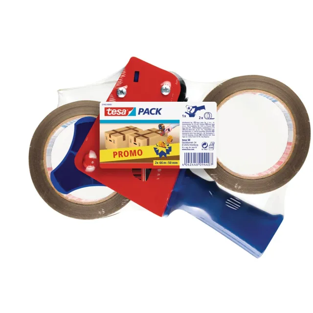 Tesa afroller voor verpakkingsplakband van maximum 50 mm, inclusief 2 rollen PP tape ft 50 mm x 66 m Bruin