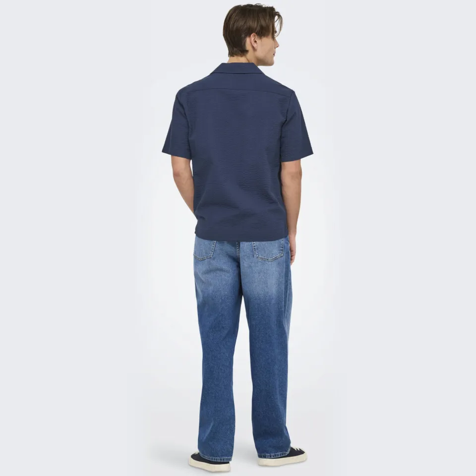 Only & Sons relaxed casual seersucker overhemd donkerblauw navy blazer., foto 3