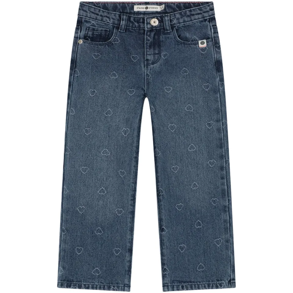 Stains&Stories wide leg jeans met hartjes - mediumblauw, foto 2