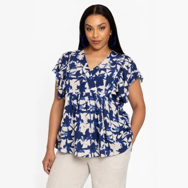Yoek linnen top blauw Blauw/ecru