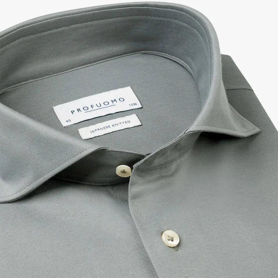 Profuomo gebreid slim fit strijkvrij overhemd groen, foto 5