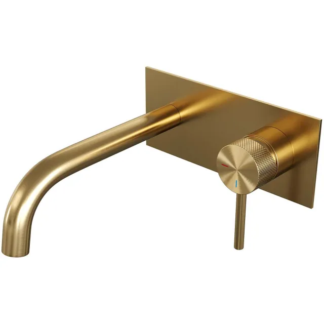 Brauer Inbouw Wastafelmengkraan Brauer Gold Carving Coldstart Gebogen Uitloop Ronde Hendel Rechts Geborsteld Goud PVD Met Afdekplaat