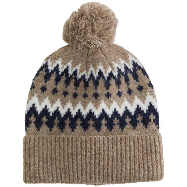 WE Fashion muts met wol, pompons en print - beige/donkerblauw/wit