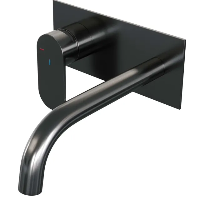 Brauer Inbouw Wastafelmengkraan Brauer Gunmetal Edition Coldstart Gebogen Uitloop Platte Hendel Links Geborsteld Gunmetal PVD Met Afdekplaat
