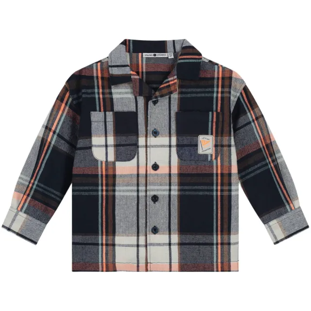 Stains&Stories geruit overhemd - donkerblauw/grijs/oranje
