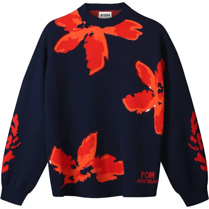 POM Amsterdam gebreide gebloemde trui - donkerblauw/oranje, foto 2