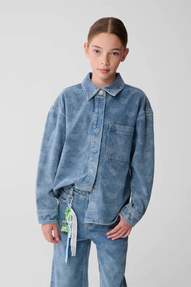 Shoeby denim blouse met hartjes medium blue denim