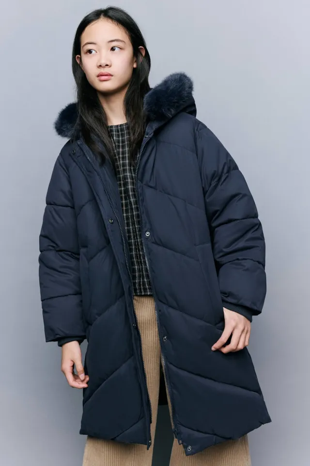 Mango Kids winterjas met imitatiebontkraag - donkerblauw