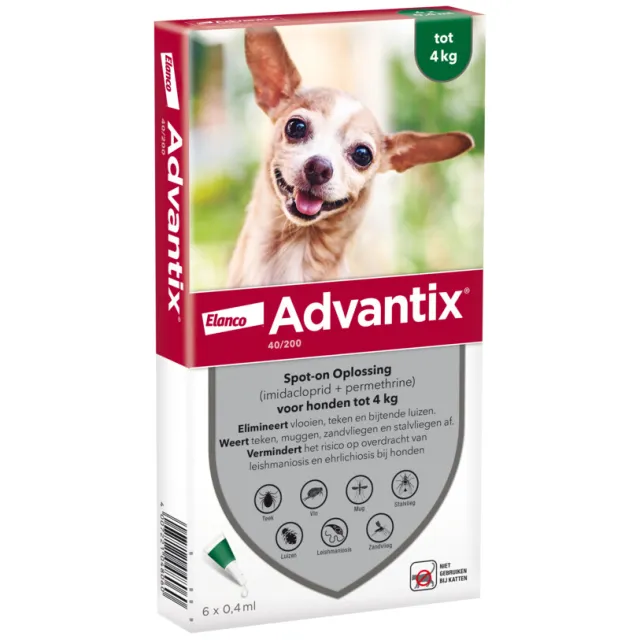 Advantix Spot On 40 Anti Vlooien en Teken Druppels Hond tot 4 kg 6 pipetten