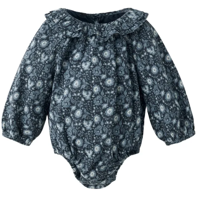 Mango Kids katoenen gebloemde romper met ruches - donkerblauw/grijs