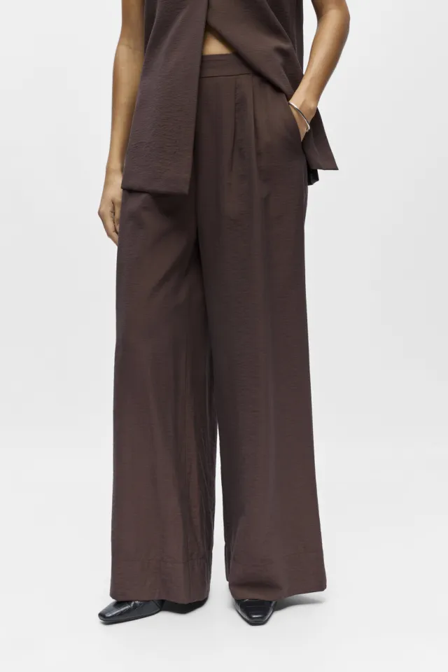 Object wide leg high waist casual broek donkerbruin bruin, foto 4