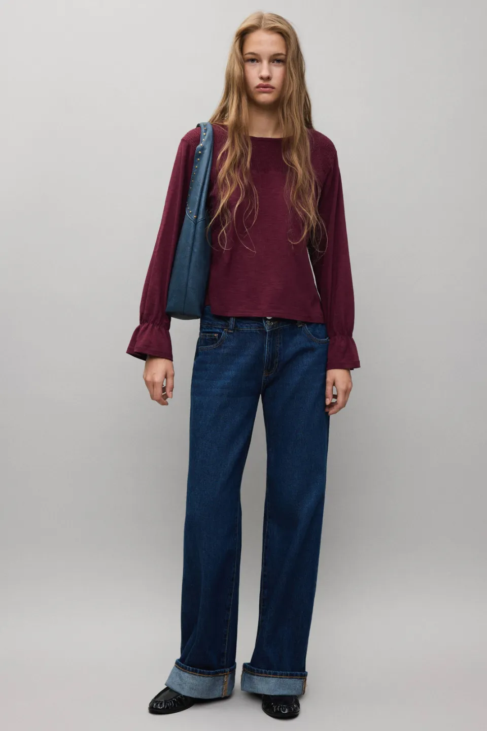 Mango Teen longsleeve met ruches donkerrood, foto 3