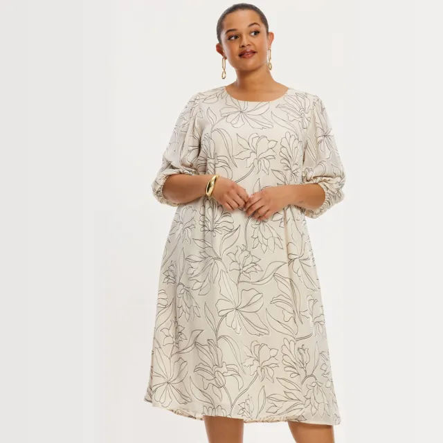 Yoek RICAMI midi jurk ecru met bloemenprint Ecru/zwart