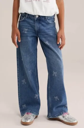WE Fashion Blue Ridge wide leg jeans met strass-steentjes en print - mediumblauw, foto 4