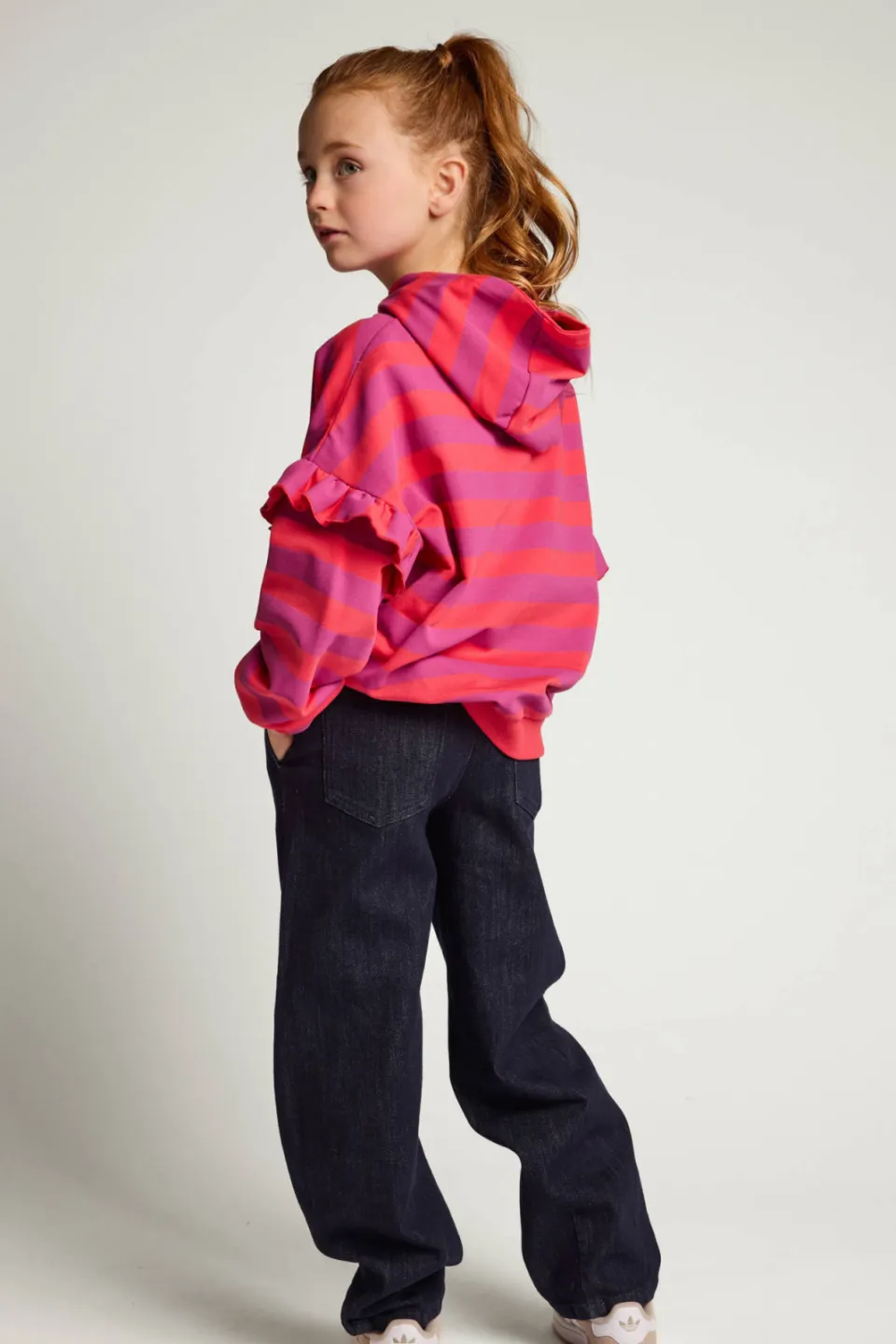 LOOXS little oversized gestreepte hoodie met ruches - rood/paars, foto 4