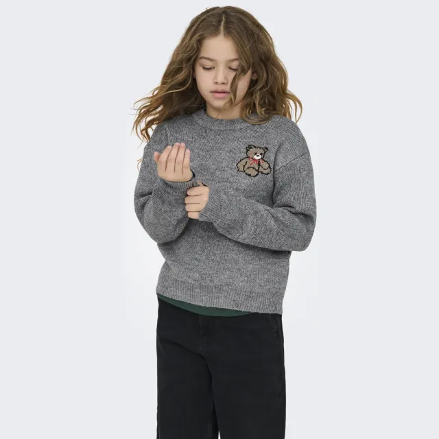 Only KIDS ONLY GIRL trui met backprint grijs melange gebreid Grijs melange beer