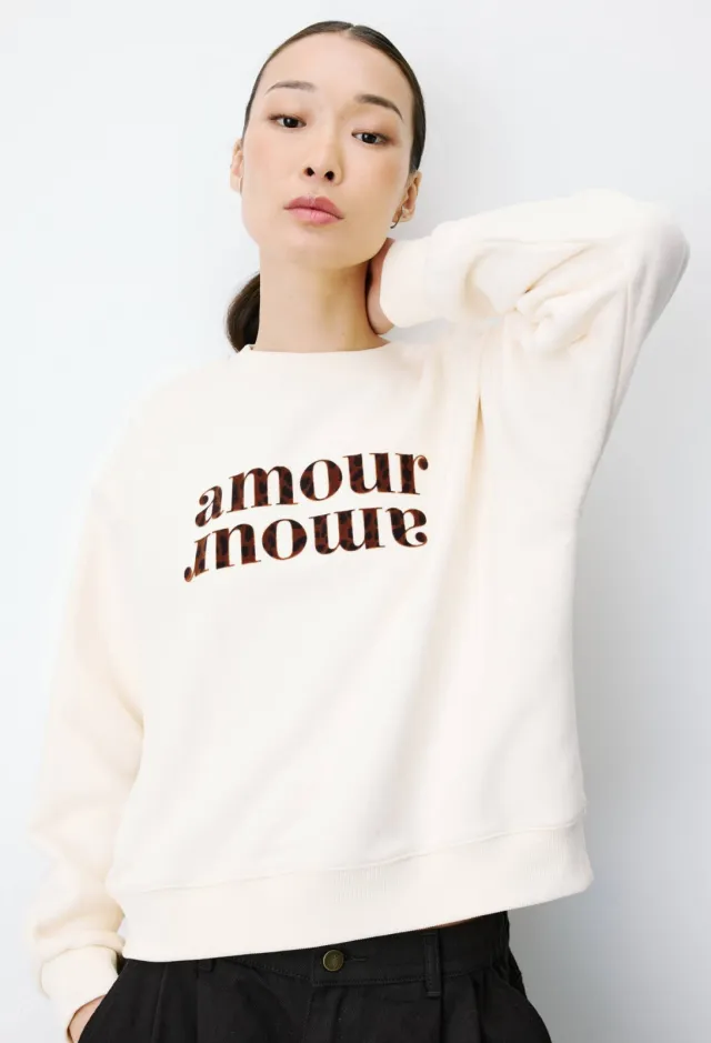 Grace & Mila sweater met tekst - ecru/bruin