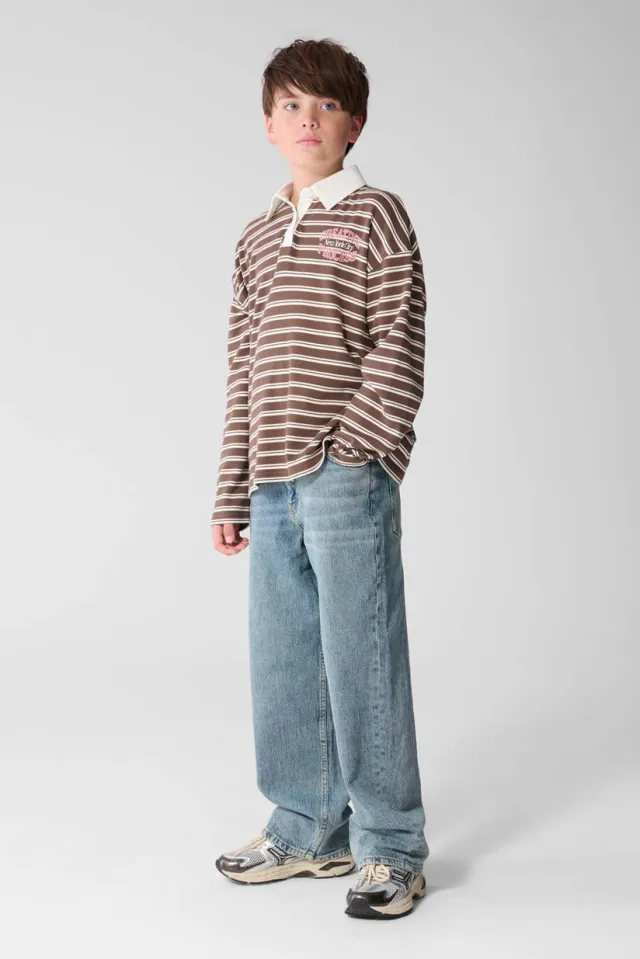 Shoeby gestreept poloshirt met lange mouwen bruin Bruin/Wit