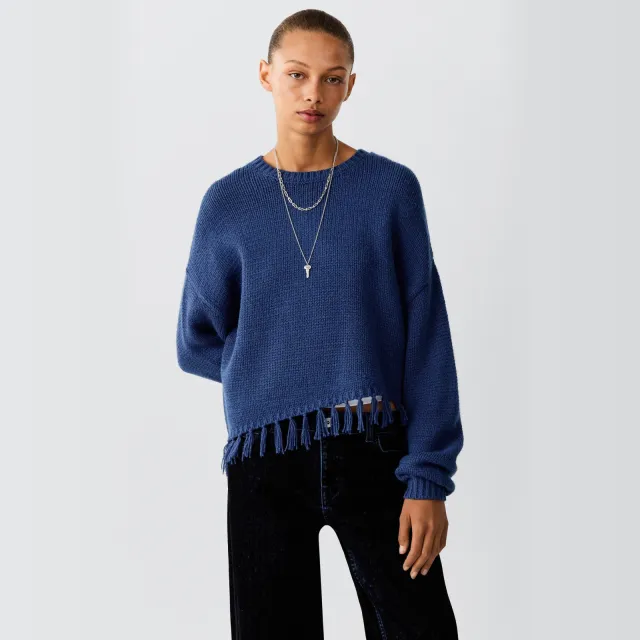 Mango TEEN rechtvallende gebreide trui met franjes - middenblauw