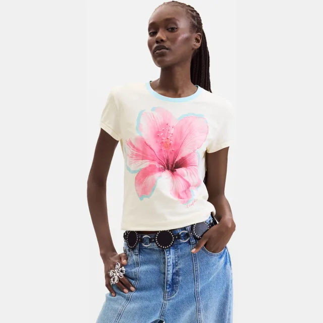 Desigual gebloemd T-shirt - wit Wit/blauw/roze