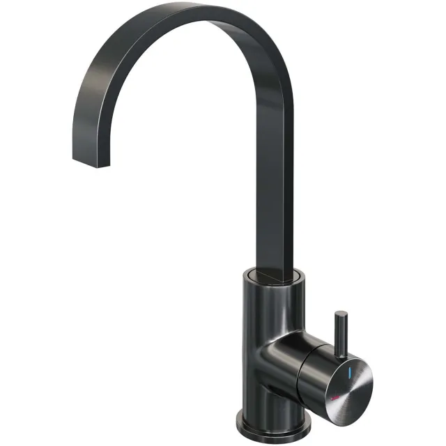 Brauer Wastafelmengkraan Brauer Gunmetal Edition Coldstart Opbouw Hoog Plat Gebogen Korte Ronde Hendel Geborsteld Gunmetal PVD
