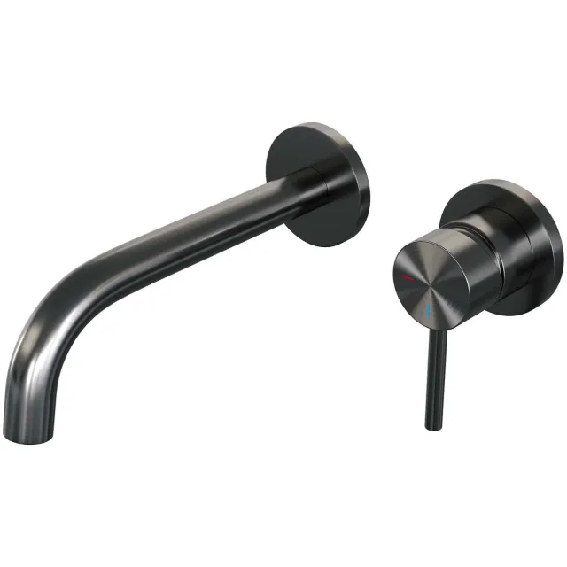 Brauer Inbouw Wastafelmengkraan Brauer Gunmetal Edition Coldstart Gebogen Uitloop Ronde Hendel Rechts Geborsteld Gunmetal PVD Met Rozetten