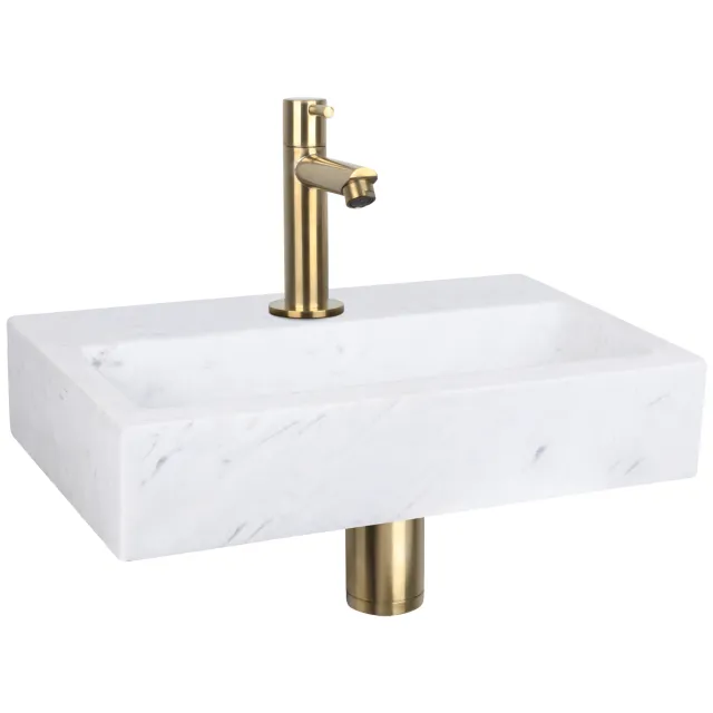 Fonteinset Differnz Flat Marmer 38x24x8 cm Wit Met Rechte Kraan Mat Goud