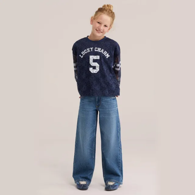 WE Fashion longsleeve met kant en tekst donkerblauw donkerblauw/wit