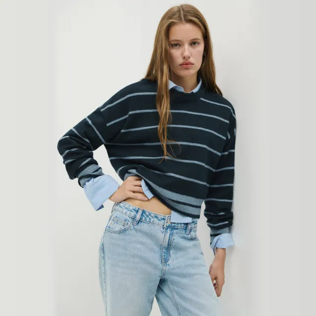 Mango TEEN gebreide gestreepte trui - donkerblauw