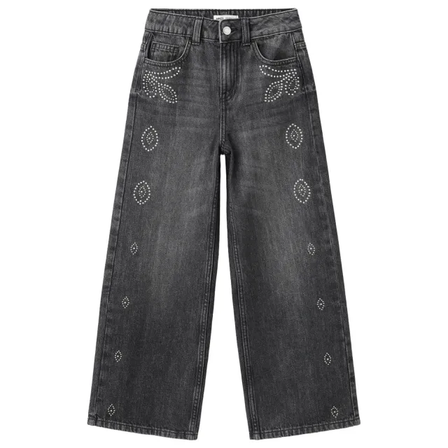 Mango Kids regular waist wide leg jeans met studs en print - grijs