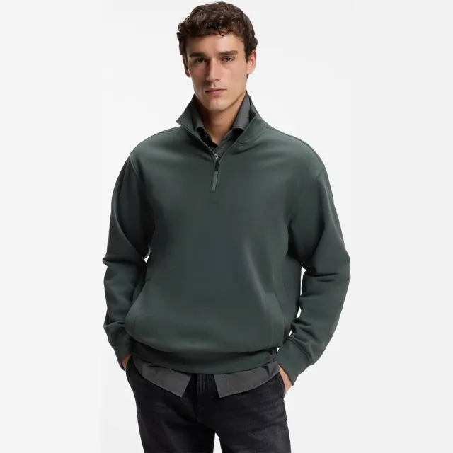Boss Ze_Smallzip relaxed fit sweater - donkergroen Open Green
